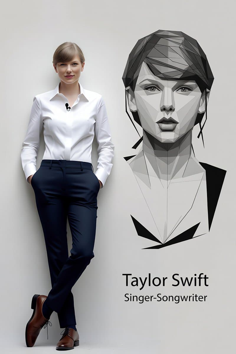 Ultra-realistic full body portrait of Taylor Swift with graphic overlay — example 2