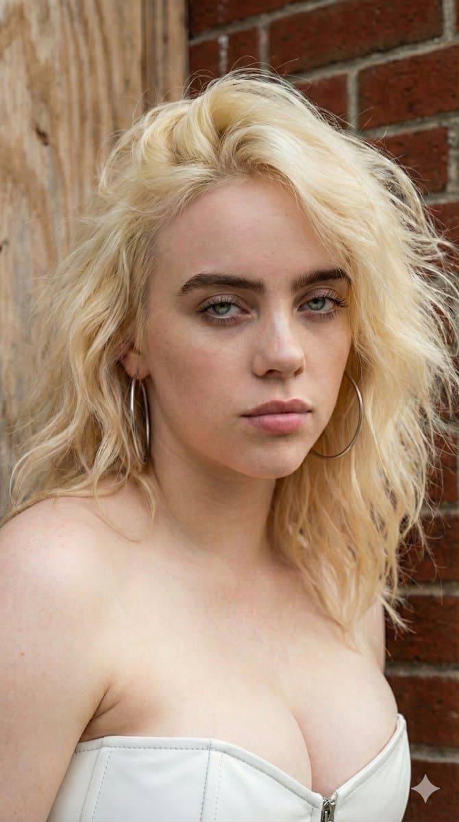 4K HD Photograph of Billie Eilish in White Leather Corset — example 1