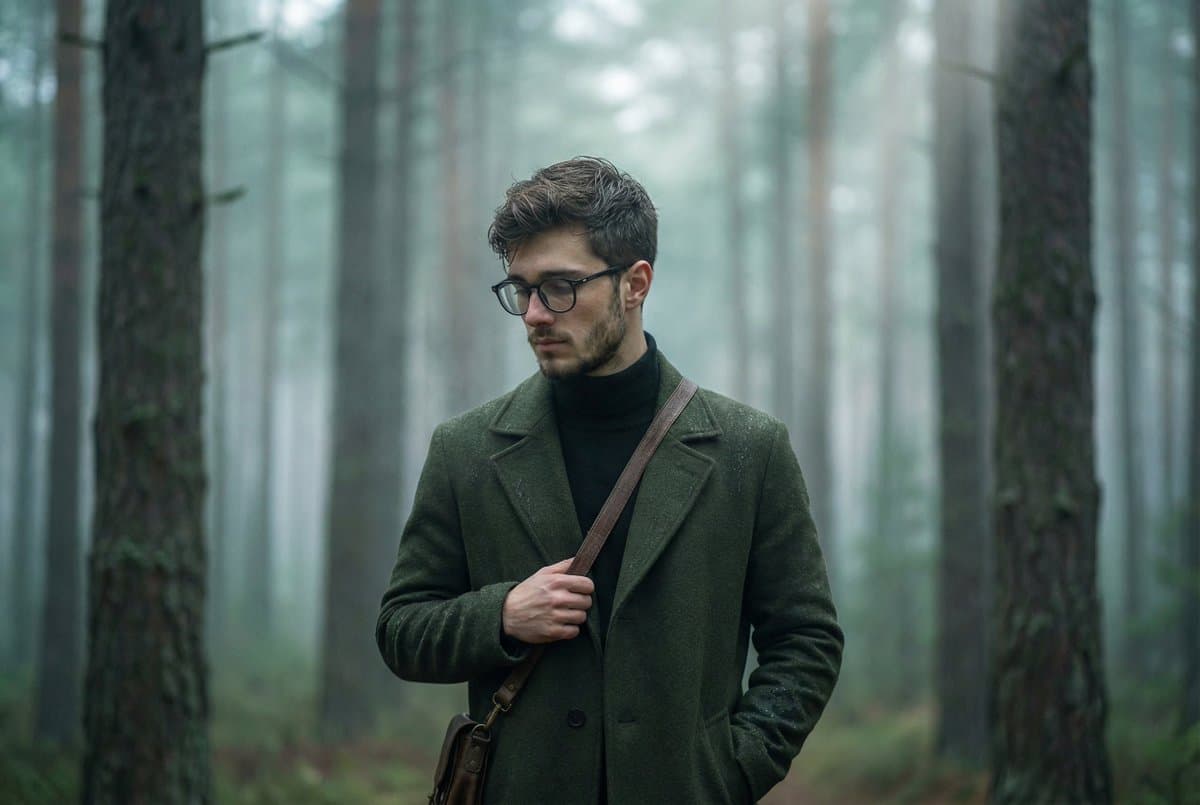 Foggy pine forest cinematic portrait — example 1