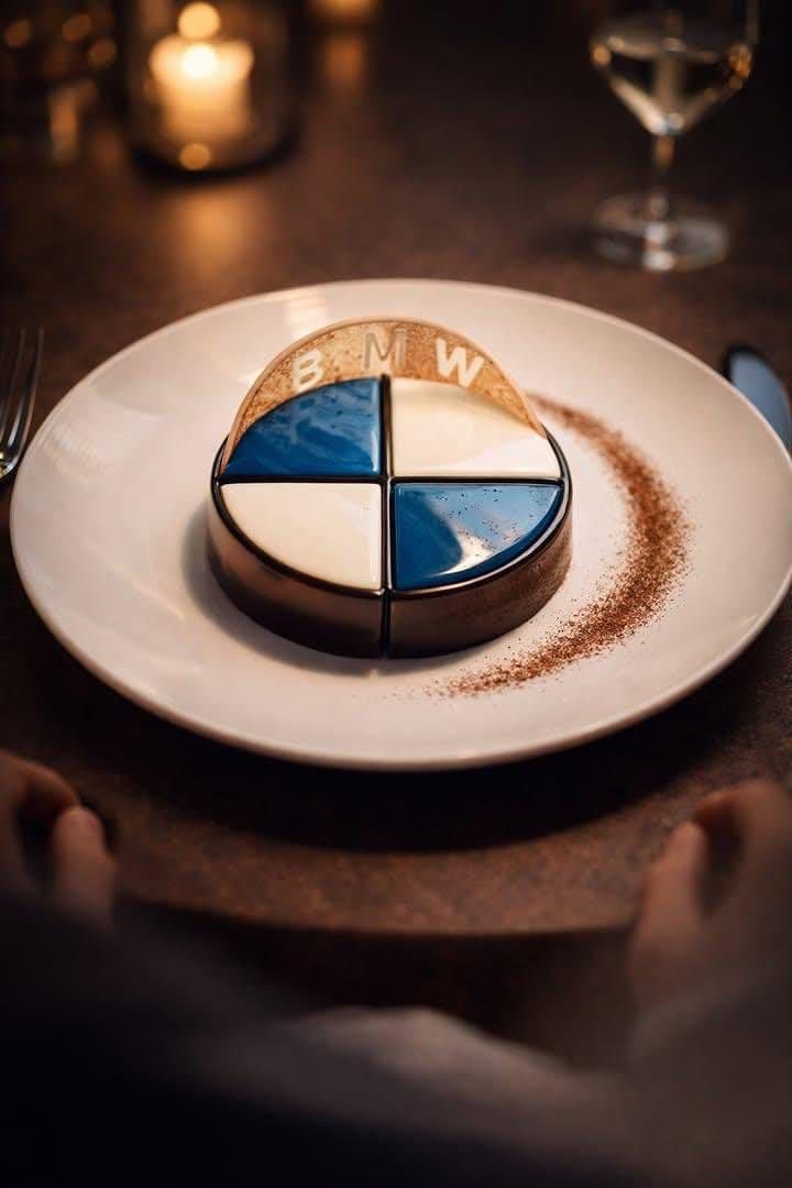 Fine-Dining Dessert Photography of a BMW Logo Mousse Cake — example 1