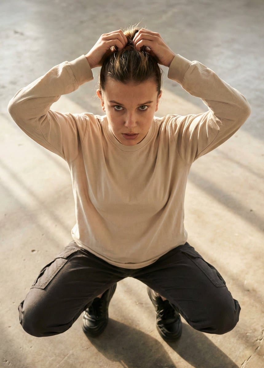 Editorial realism portrait of a woman tying her hair — example 1