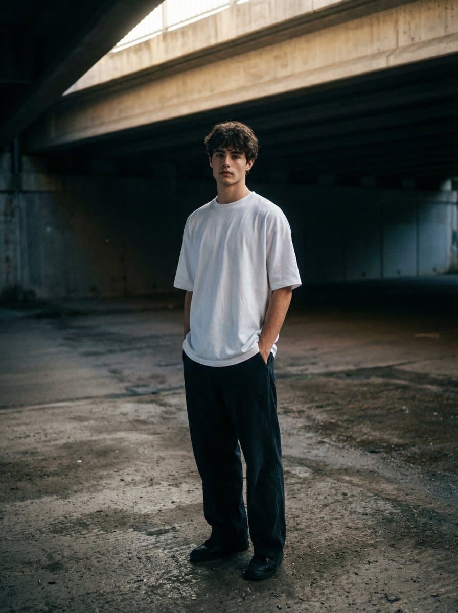 Moody urban portrait under a concrete overpass — example 1