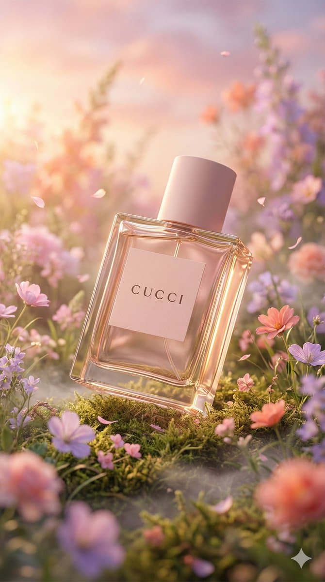 Hyper-realistic luxury perfume product shot in fantasy meadow — example 1
