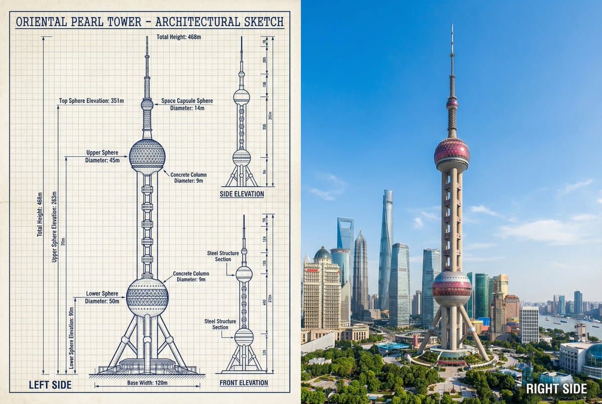 JSON Prompt for Side-by-Side Architectural Comparison of Oriental Pearl Tower — example 1