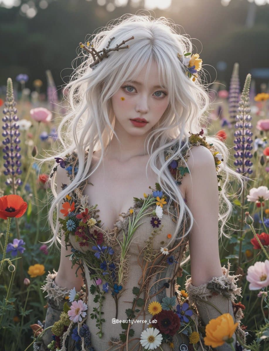 JSON Prompt for Ethereal Flower Field Fantasy Portrait β example 1