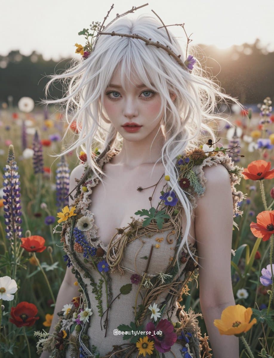 JSON Prompt for Ethereal Flower Field Fantasy Portrait β example 2