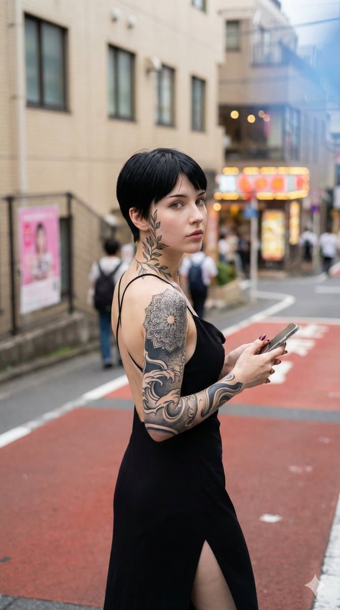 Photorealistic Snapshot of a Woman with Tattoos in a Japanese Urban Setting — example 1