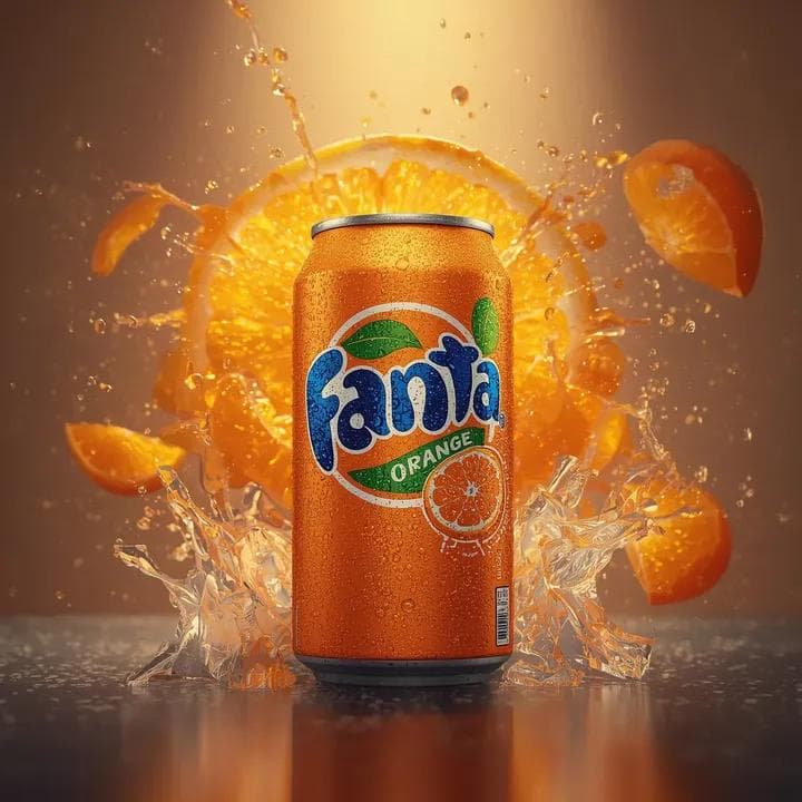Hyper-realistic Fanta Orange Product Shot with Splash — example 2