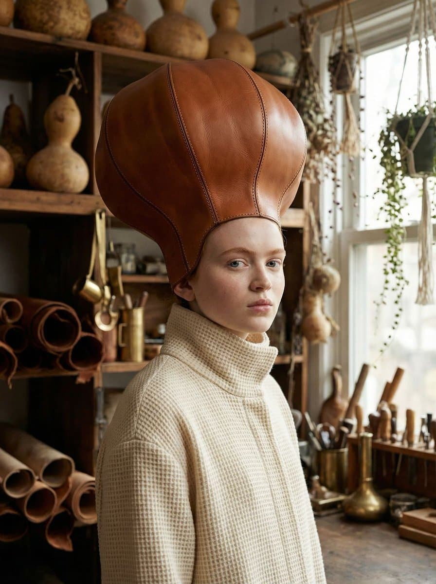 Avant-Garde Fashion Portrait with Leather Headpiece (JSON)