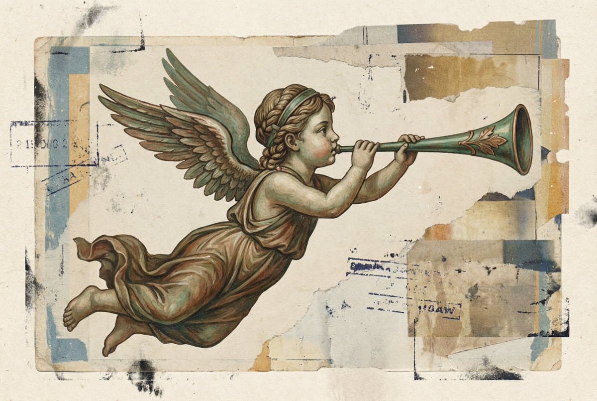 Classical Winged Figure Blowing a Horn Painting — example 1