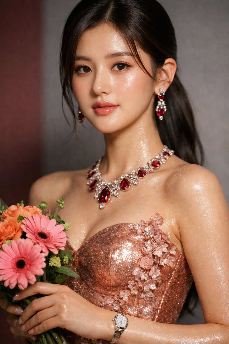 Macro Portrait of Zhao Lushi in Sequined Gown — example 1