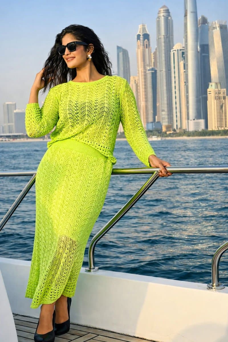 Lifestyle Portrait on Yacht in Neon Green Knitwear — example 1