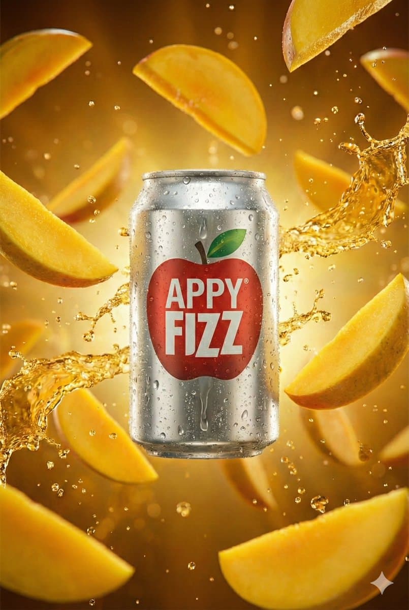 Hyper-realistic cinematic product shot of Appy Fizz can with exploding apple slices — example 2