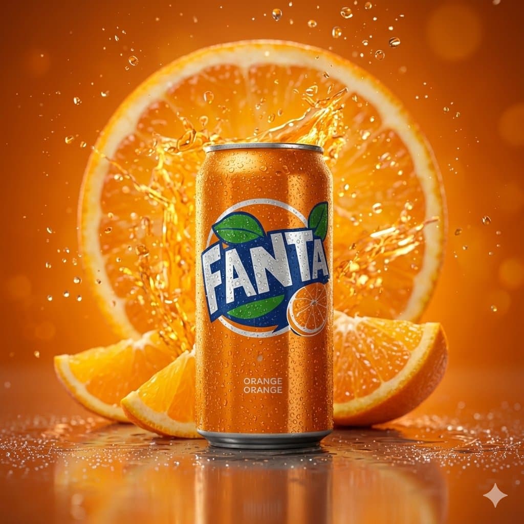 Hyper-realistic cinematic product shot of Fanta Orange can with exploding orange slices — example 2