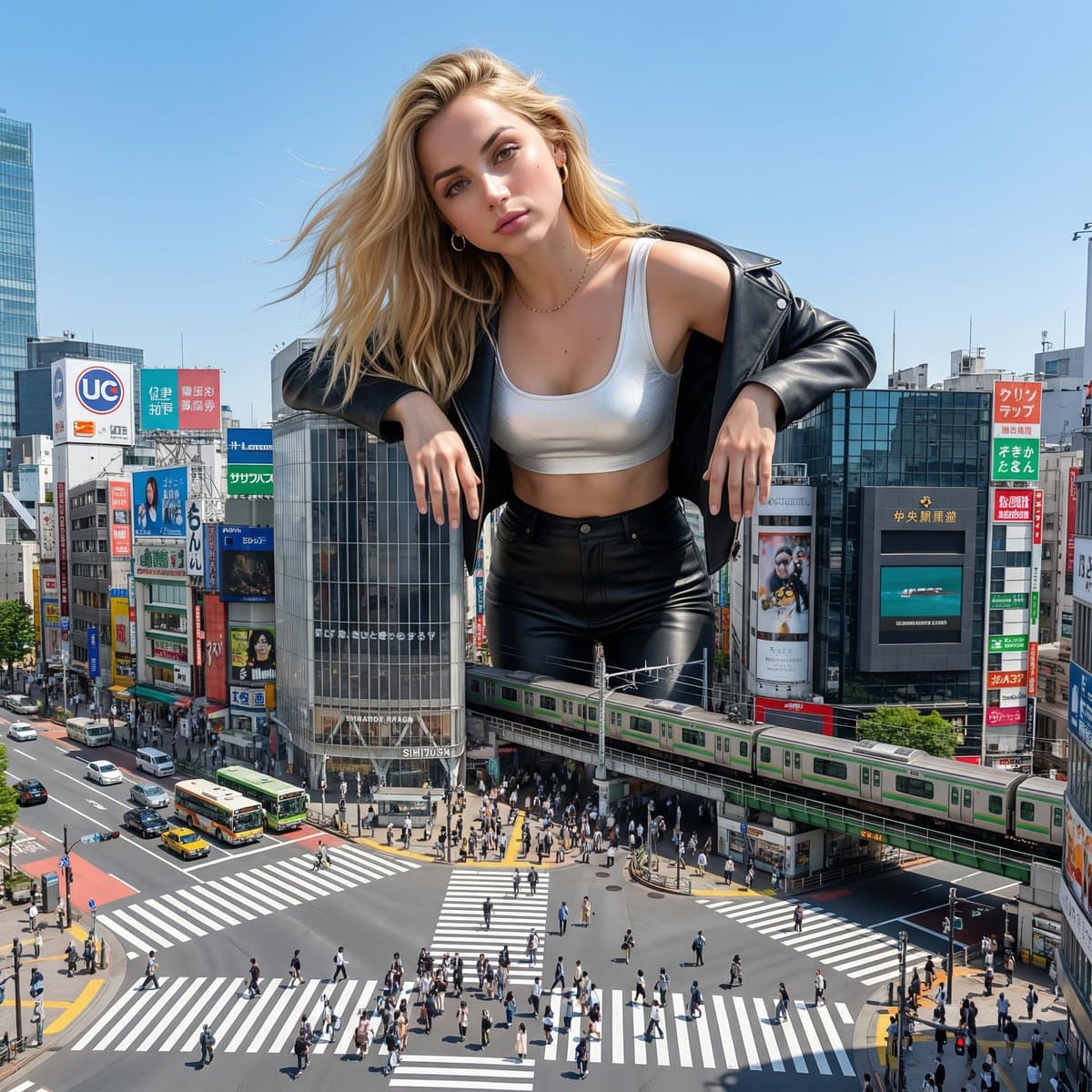 Surreal Giant Woman Over Tokyo Shibuya Crossing — example 3