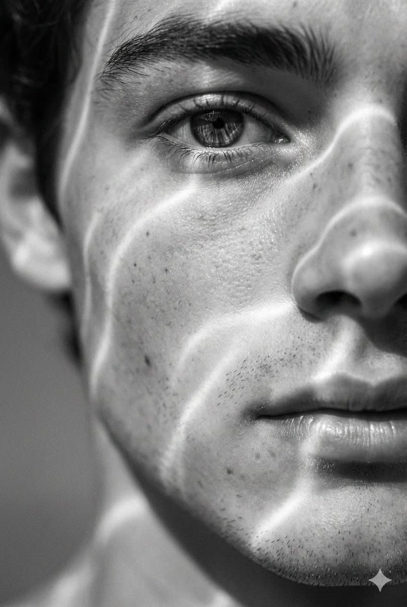 Surreal Black and White Close-Up Portrait with Luminous Lines — example 1