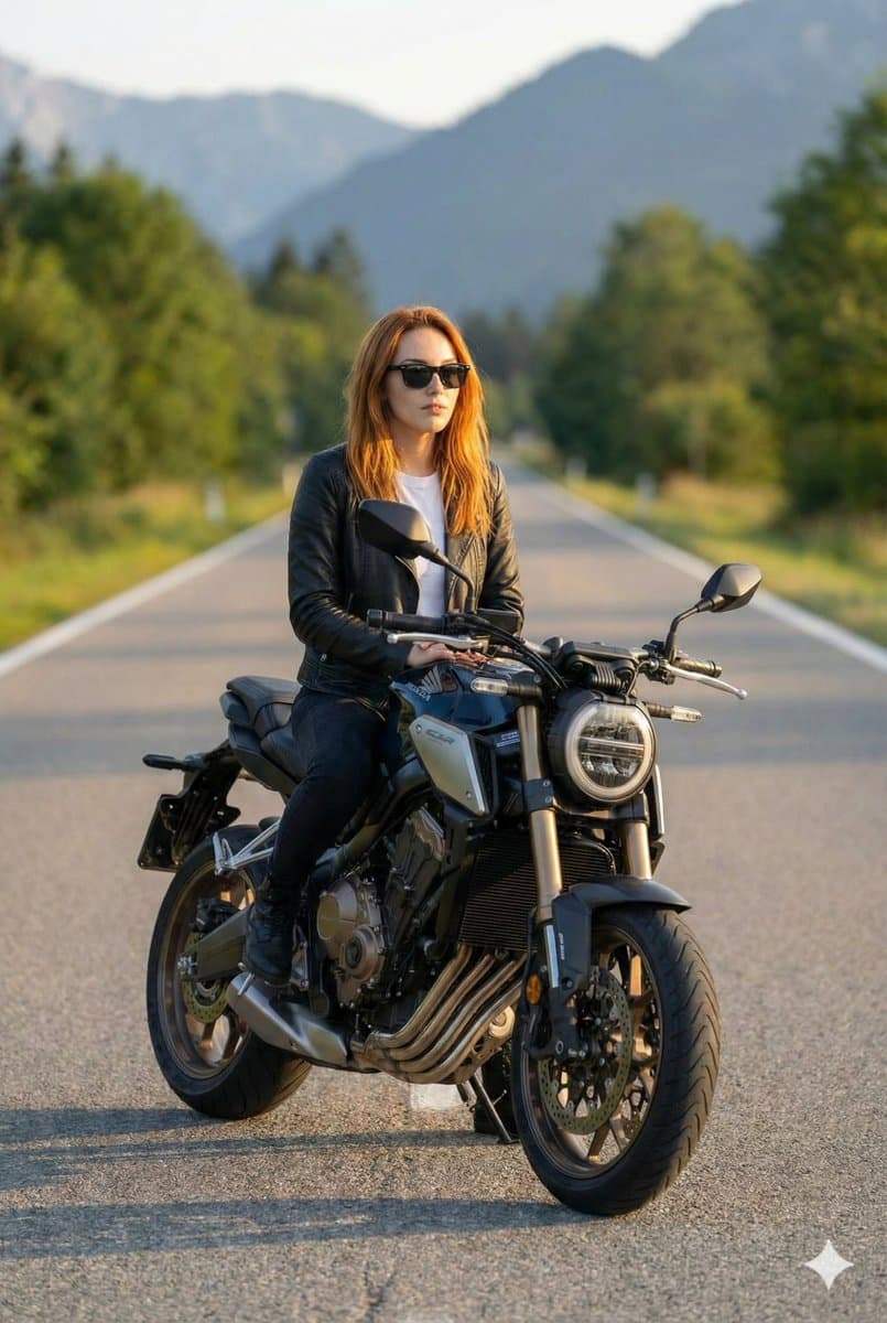 Cinematic Portrait of Man on Modern Motorbike — example 2