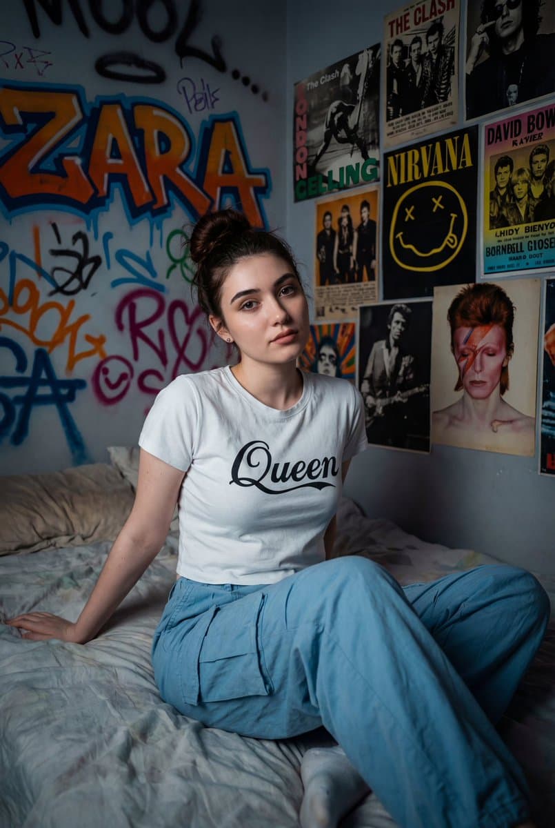 Cinematic Portrait of a Woman on a Messy Bed with Graffiti Background — example 1