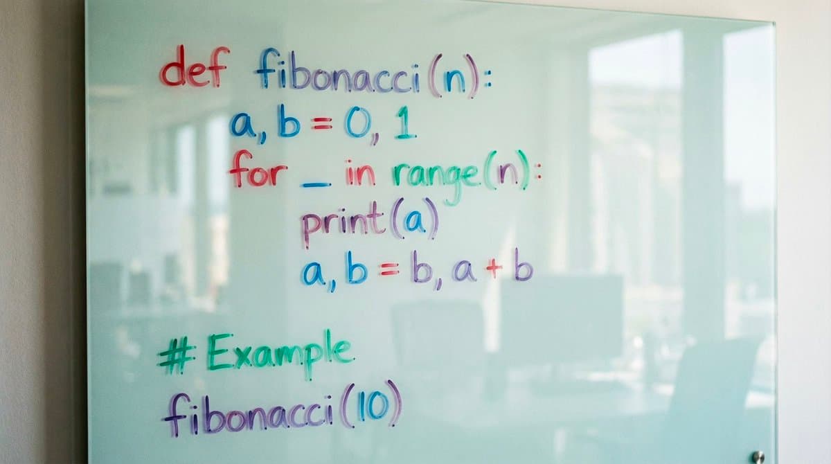 Python Fibonacci code on glass whiteboard — example 1